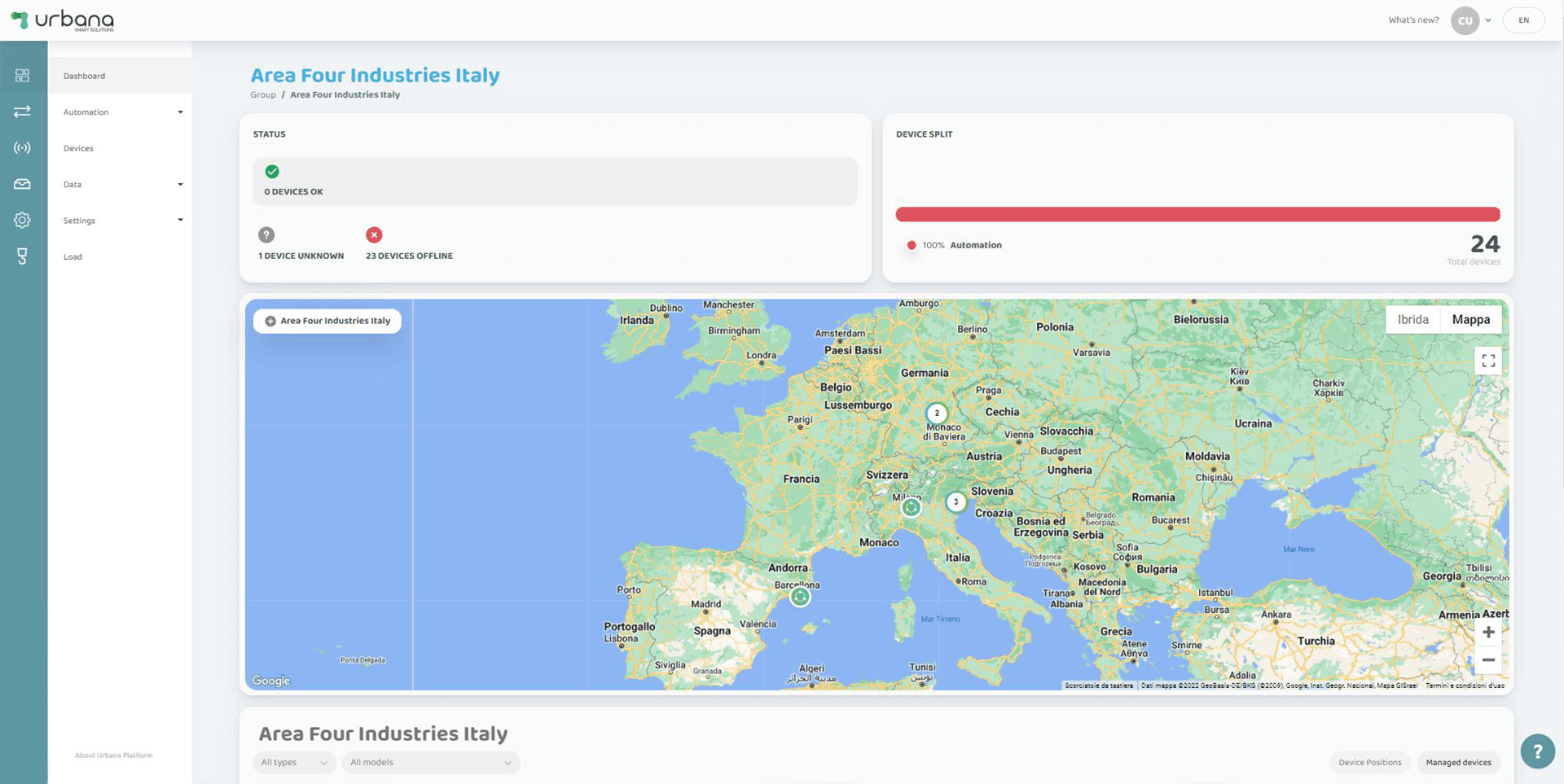 A general Dashboard that summarizes the geographical locations of the cells clustered into groups and finally individual nodes.It provides an overview of all installations and events. At a glance you can see the status of all cells and check if there are anomalies and where they are located.