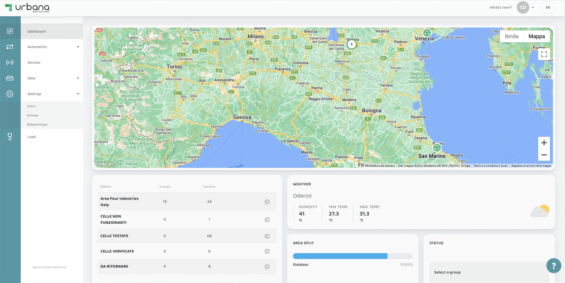 A general Dashboard that summarizes the geographical locations of the cells clustered into groups and finally individual nodes. It provides an overview of all installations and events. At a glance you can see the status of all cells and check if there are anomalies and where they are located.