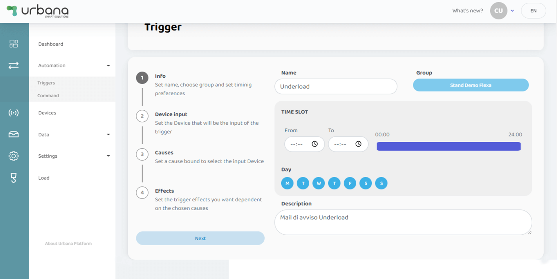The “Triggers” dashboard allows the user to create, preview, activate and deactivate load threshold limits.By default, a list of triggers will be loaded based on the user's group.For example, the default underload and overload thresholds for each hanging of a pavilion will be loaded, avoiding manual typing of these values for each cell.